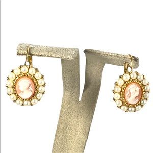 Cameo pearl gold finish dangle earrings